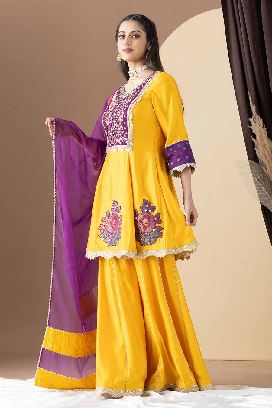 Yellow & Purple Embroidered Kalidar Sharara Set