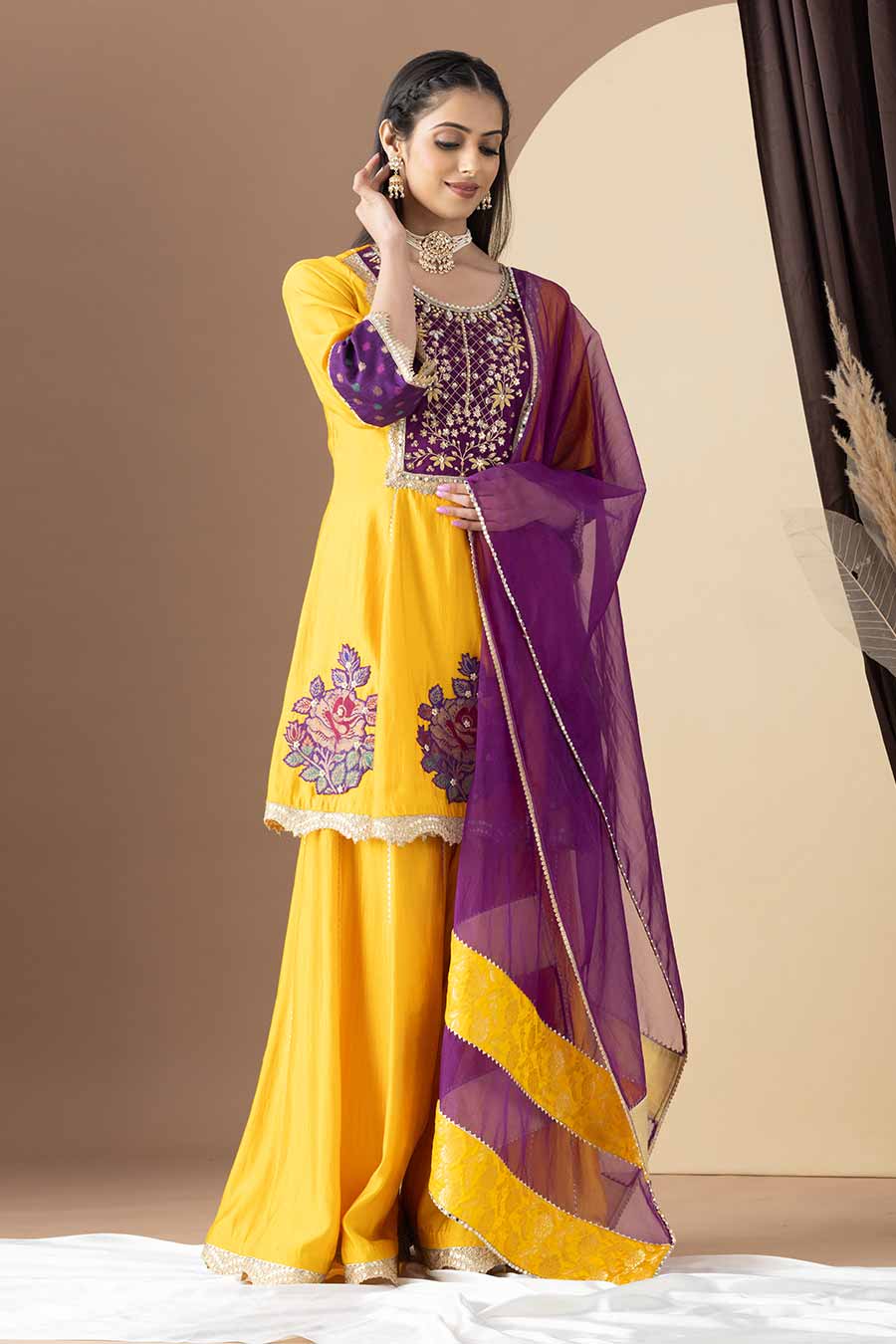 Yellow & Purple Embroidered Kalidar Sharara Set