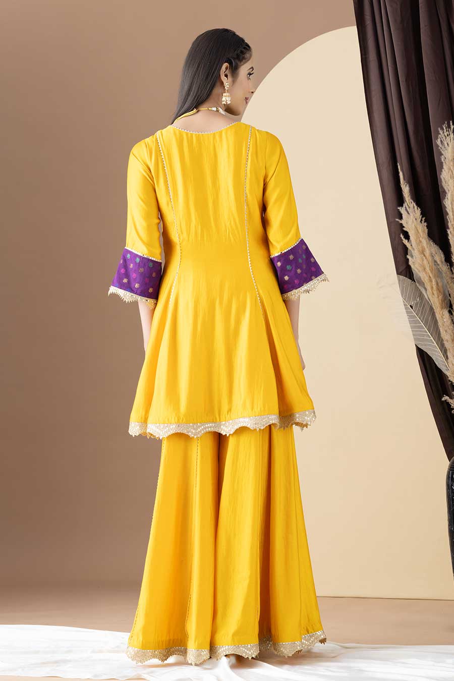 Yellow & Purple Embroidered Kalidar Sharara Set