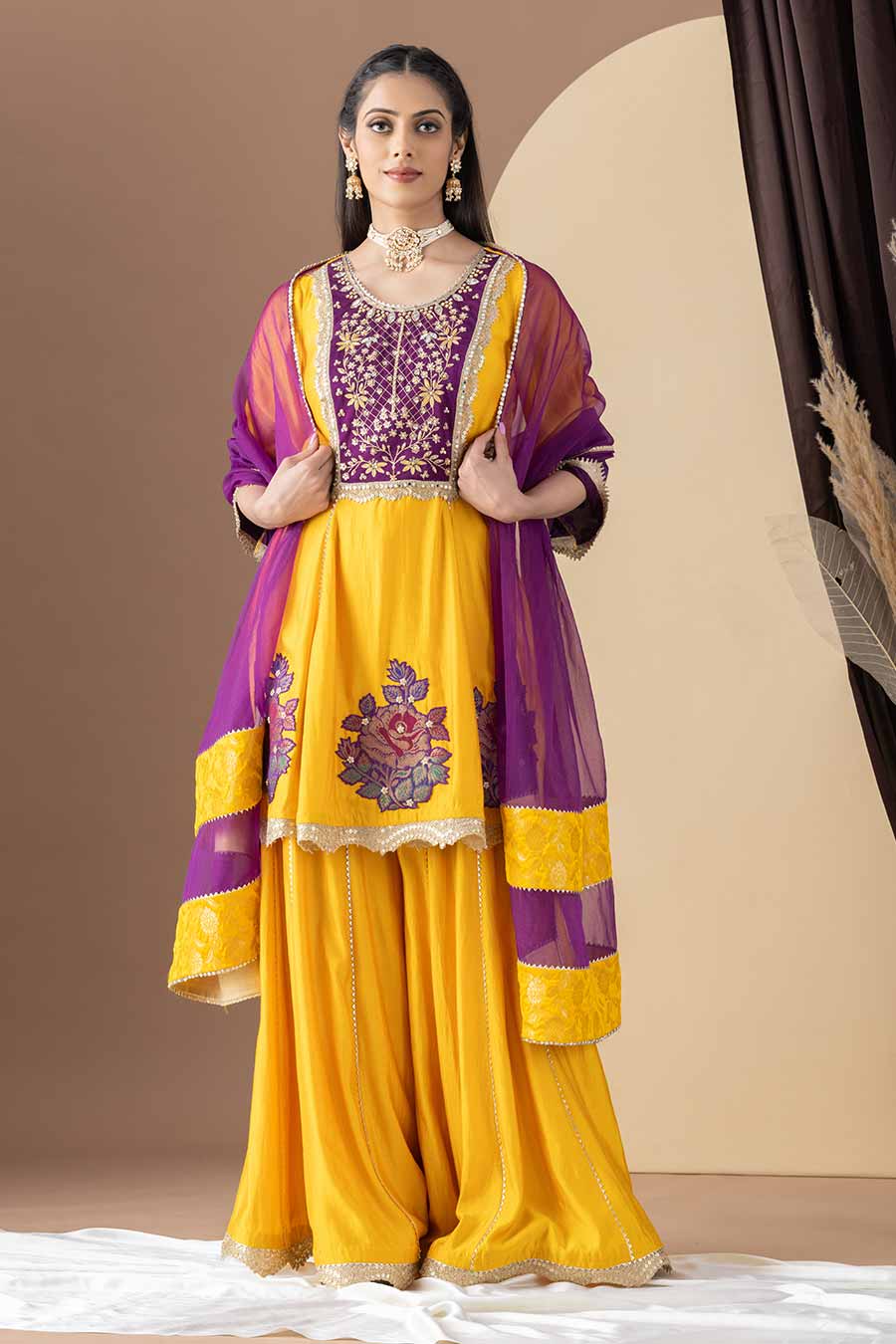 Yellow & Purple Embroidered Kalidar Sharara Set