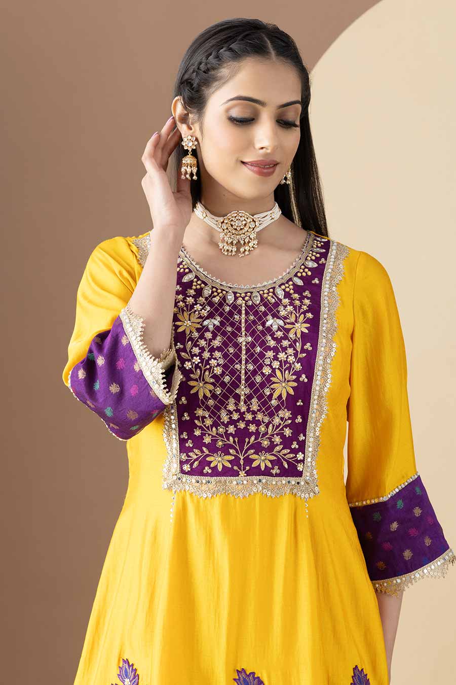 Yellow & Purple Embroidered Kalidar Sharara Set