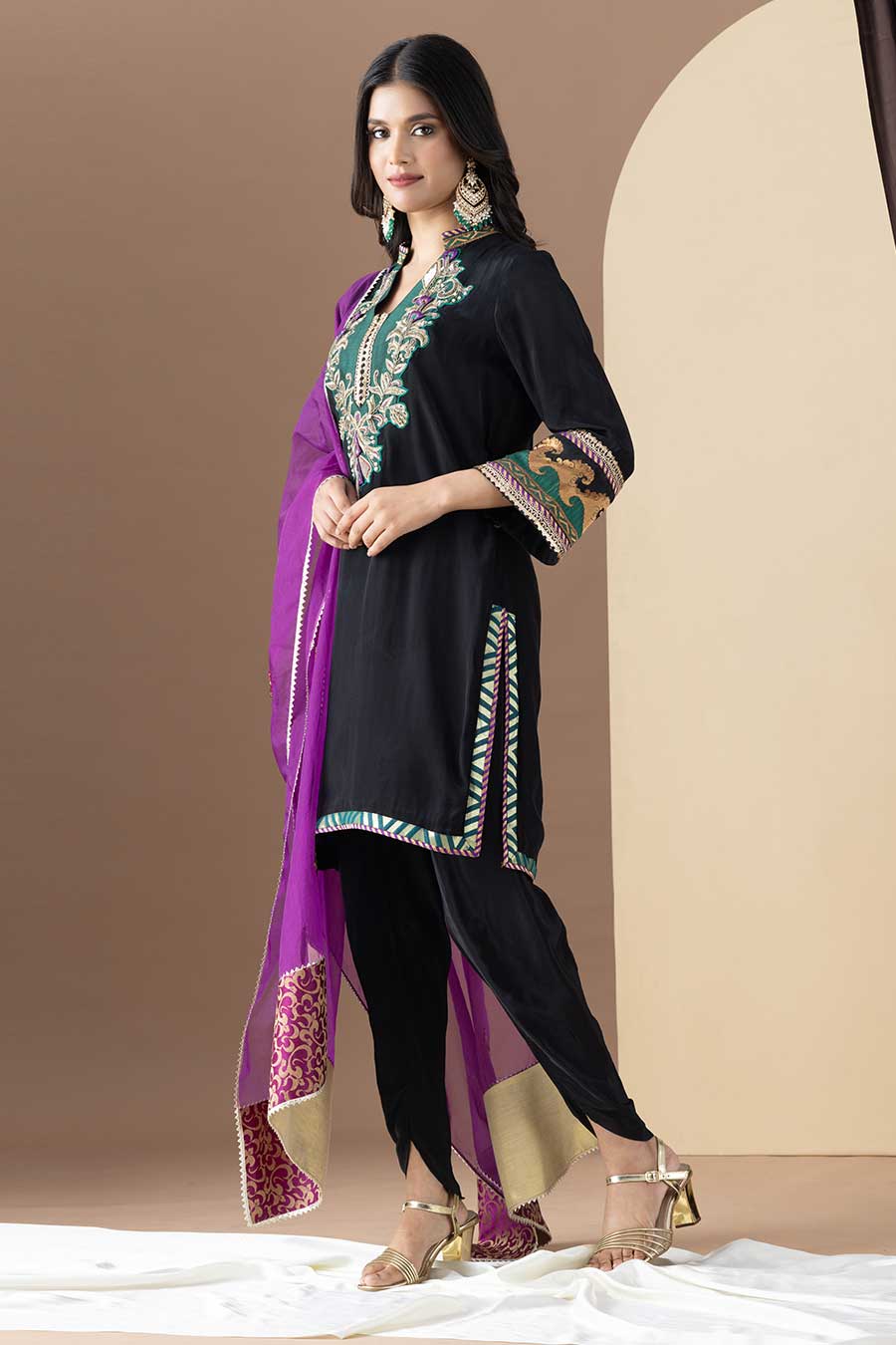 Black & Purple Embroidered Kurta Set