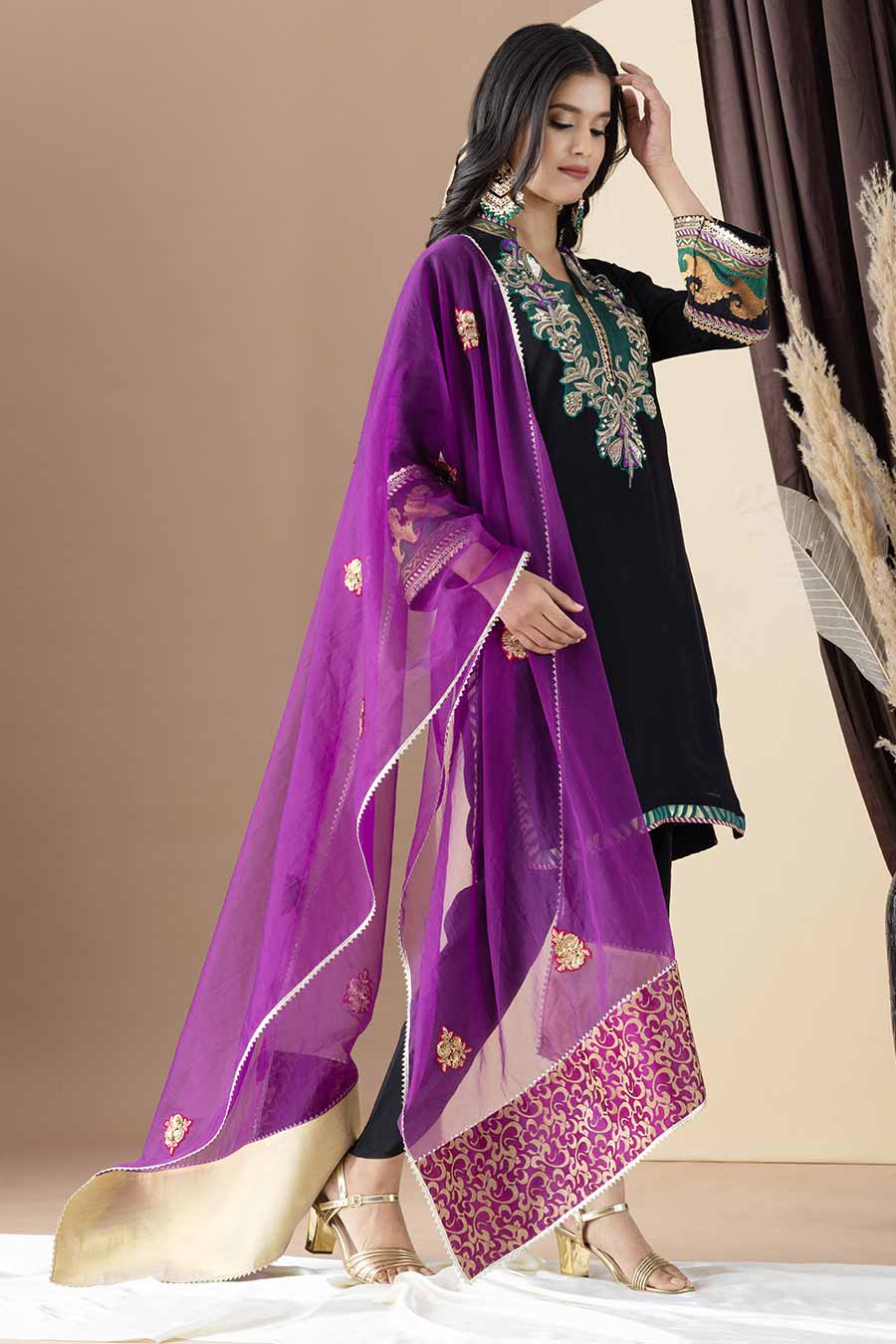 Black & Purple Embroidered Kurta Set