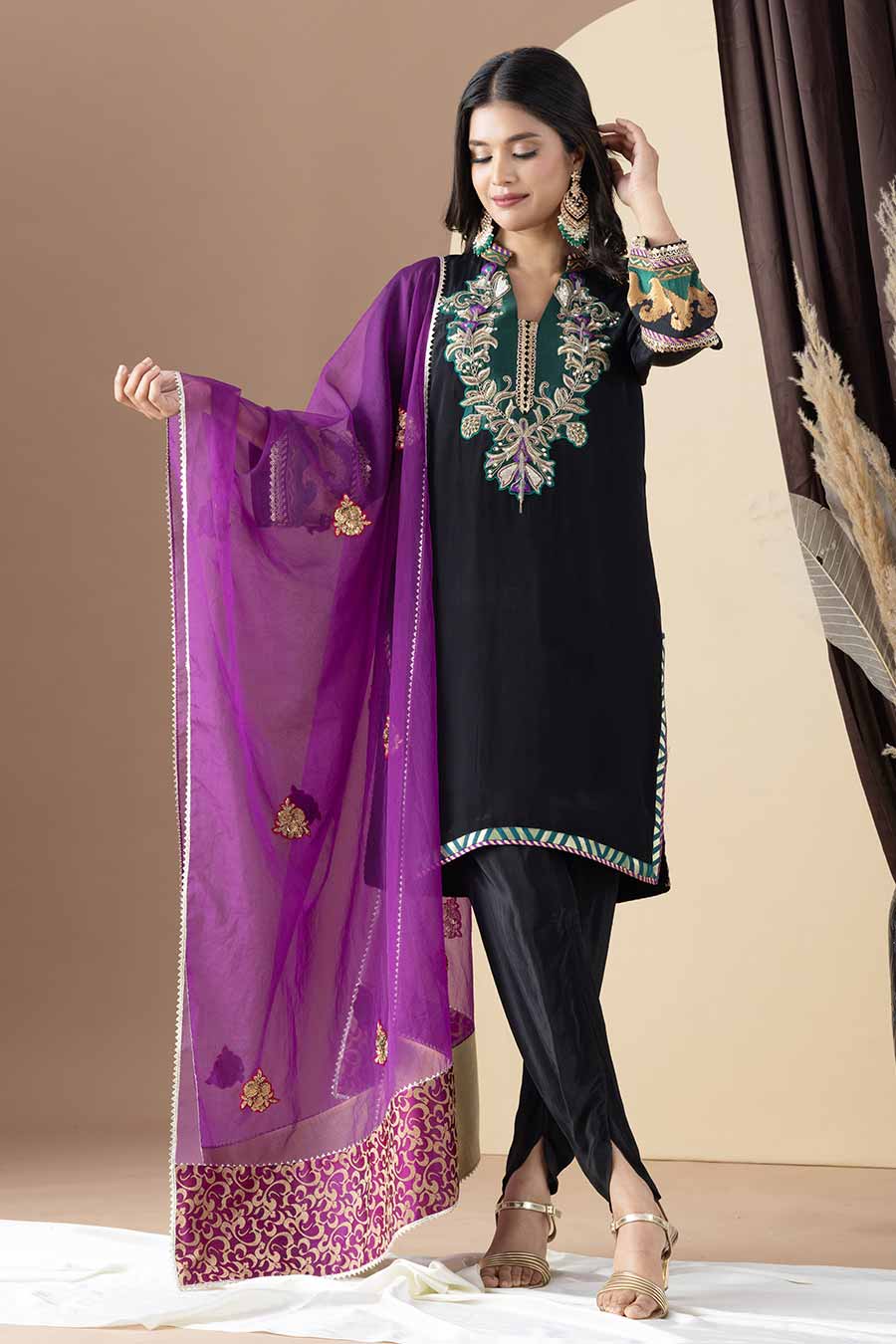 Black & Purple Embroidered Kurta Set