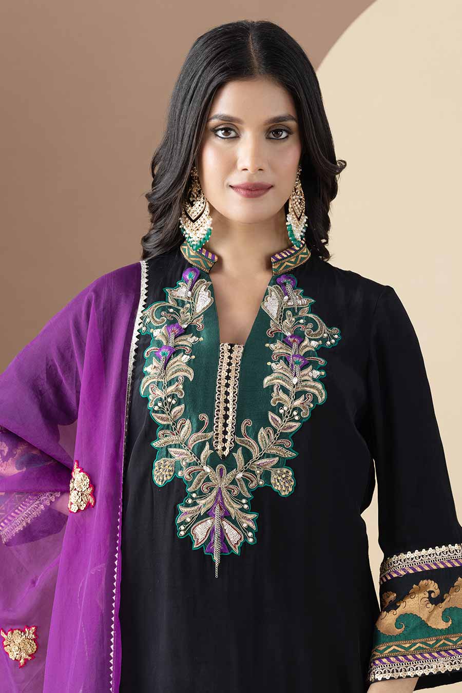 Black & Purple Embroidered Kurta Set