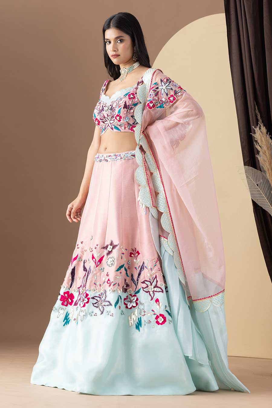 Pink Floral-Applique Embroidered Lehenga Set