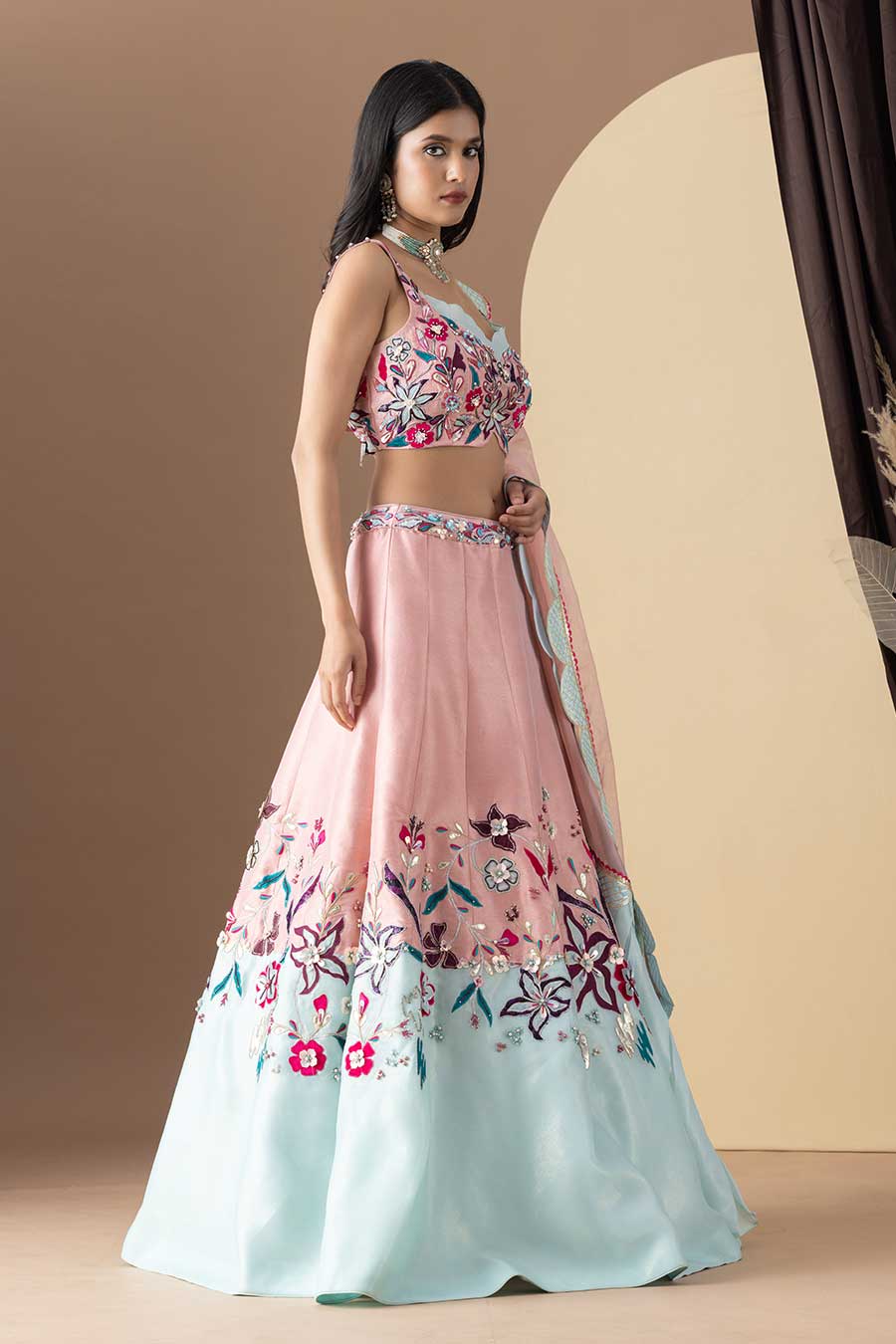 Pink Floral-Applique Embroidered Lehenga Set