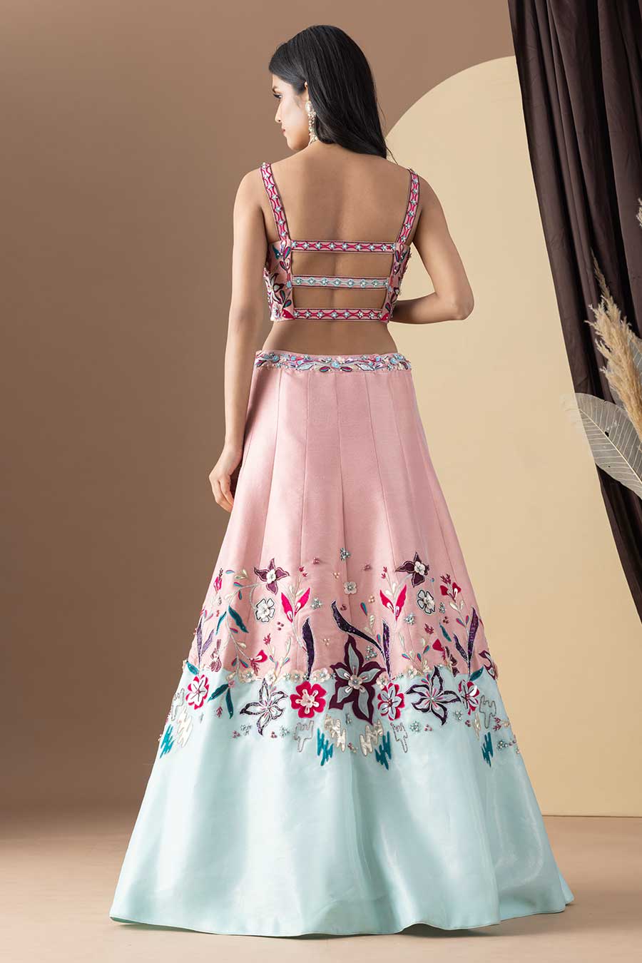 Pink Floral-Applique Embroidered Lehenga Set