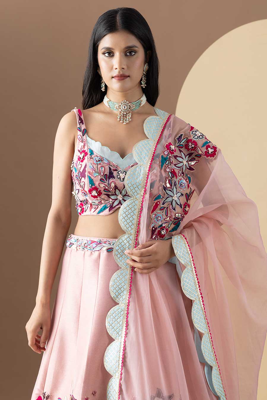 Pink Floral-Applique Embroidered Lehenga Set