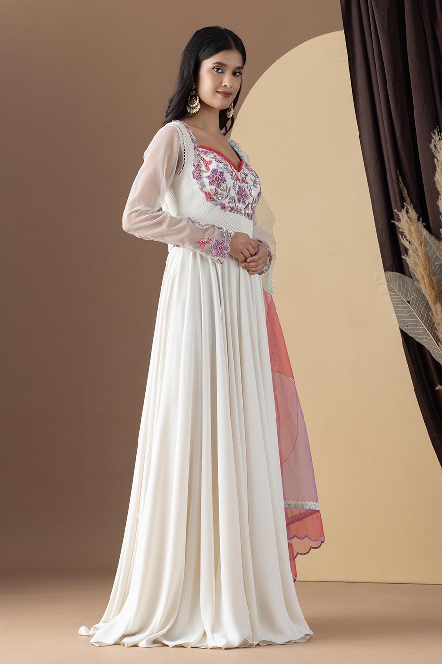 Ivory Embroidered Anarkali & Colour-Blocked Dupatta Set