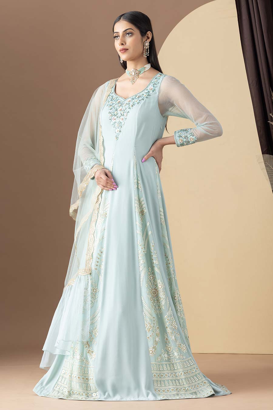 Aqua Green Embroidered Kali Anarkali & Pleated Dupatta Set
