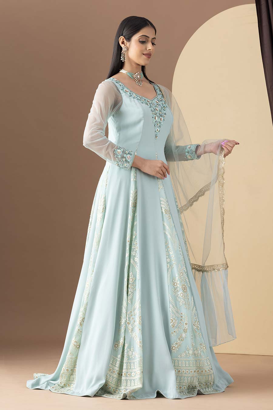 Aqua Green Embroidered Kali Anarkali & Pleated Dupatta Set