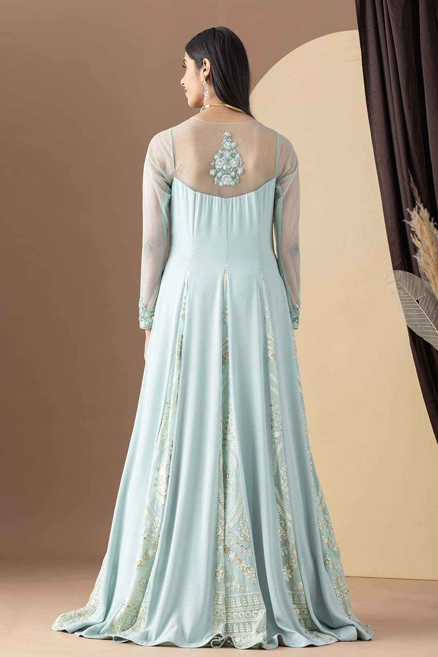 Aqua Green Embroidered Kali Anarkali & Pleated Dupatta Set