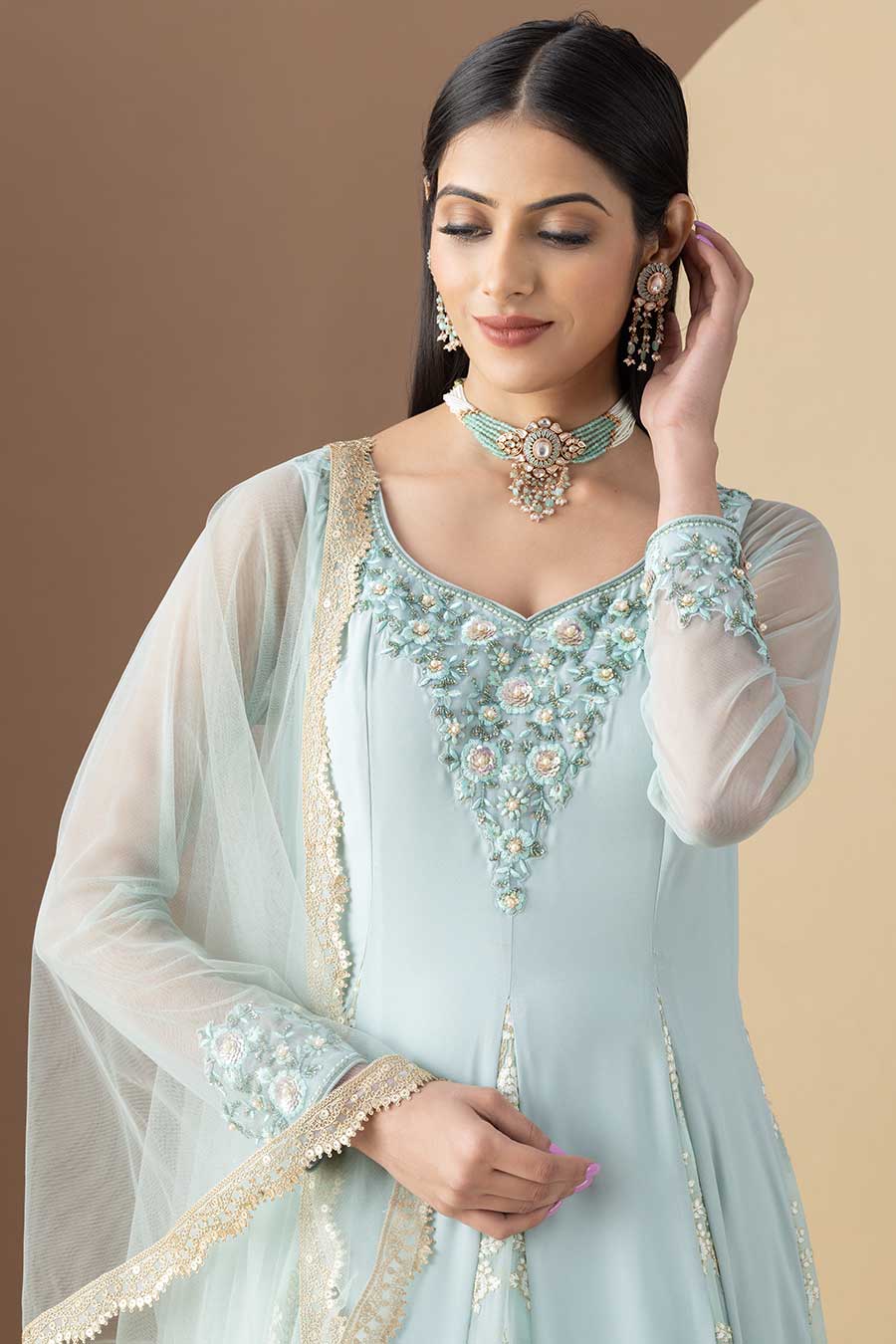 Aqua Green Embroidered Kali Anarkali & Pleated Dupatta Set