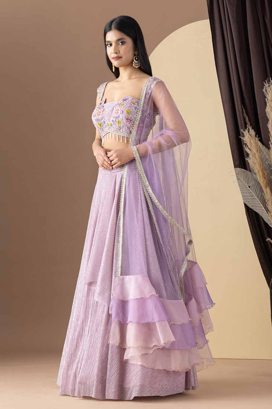 Lavender Embroidered Pleated Lehenga Set