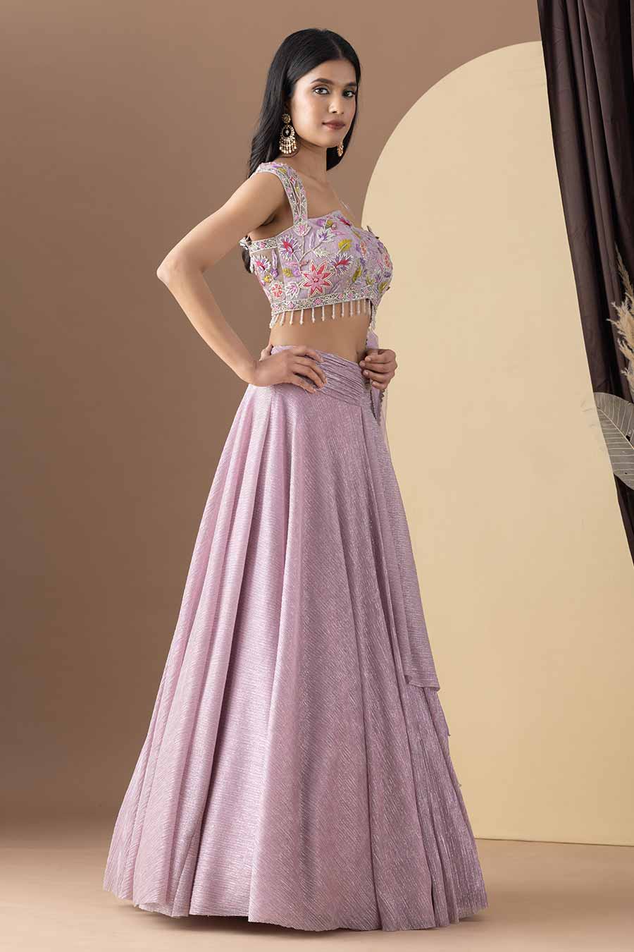 Lavender Embroidered Pleated Lehenga Set