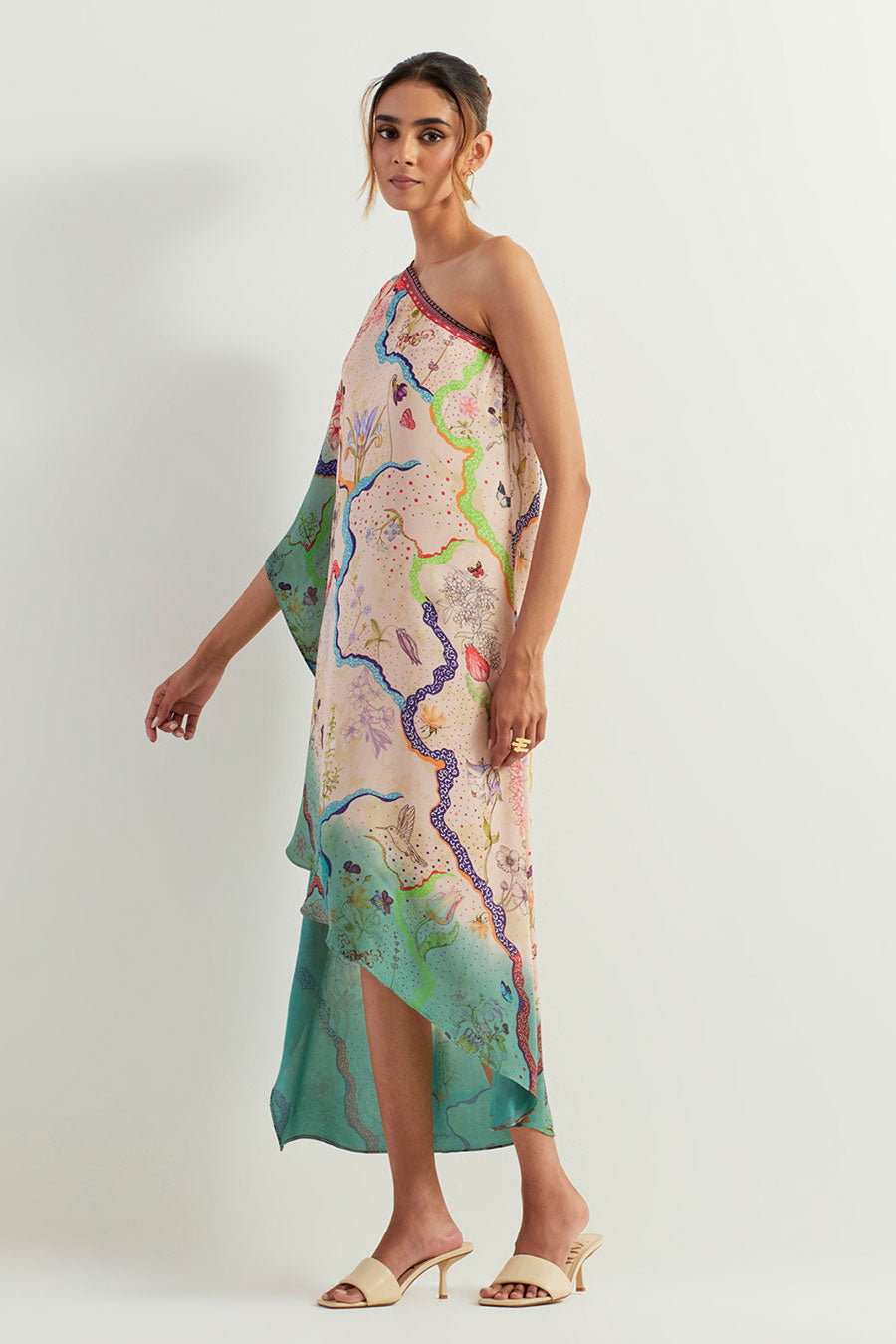Green Printed One-Shoulder Tie Dye Kaftan Dress