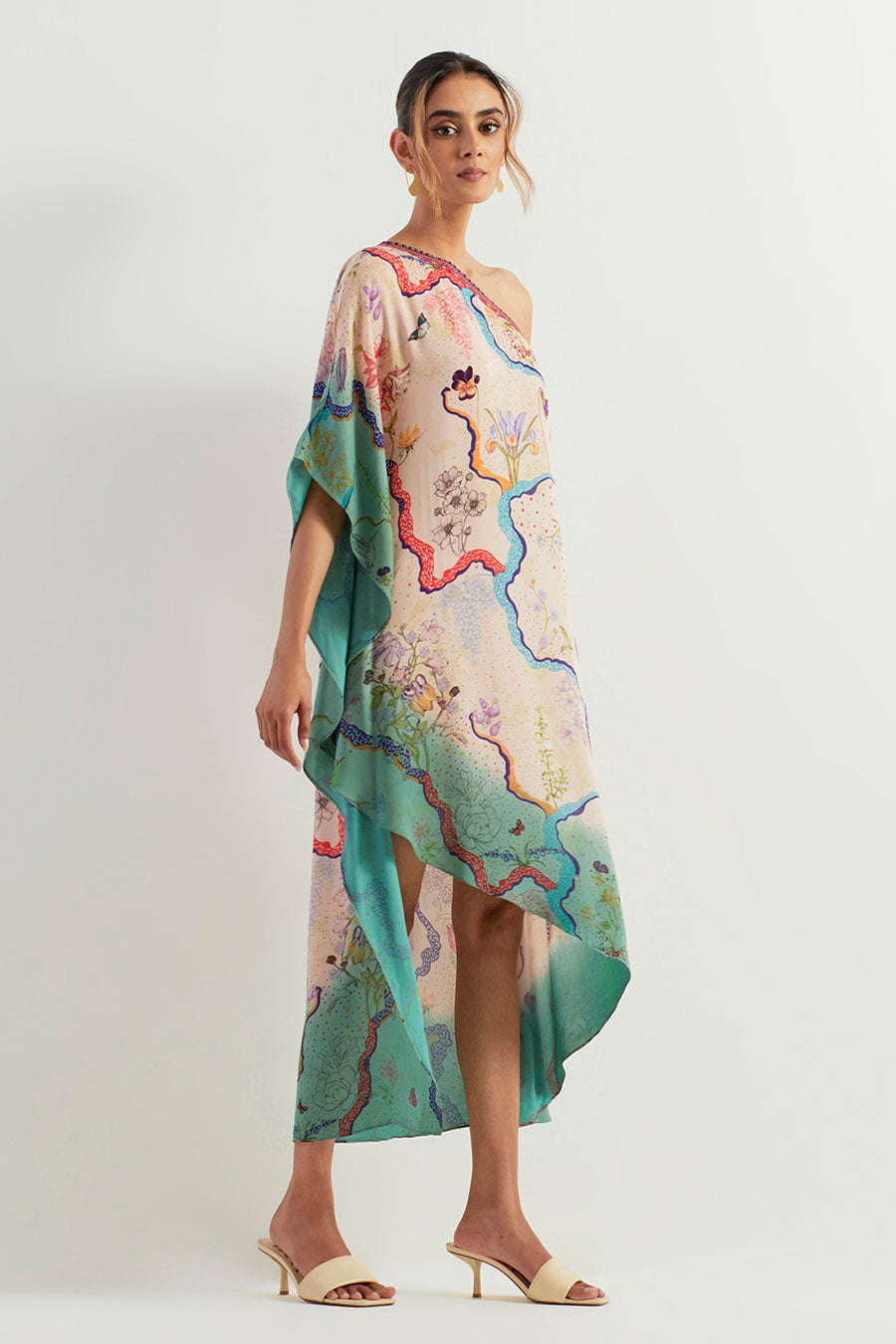 Green Printed One-Shoulder Tie Dye Kaftan Dress