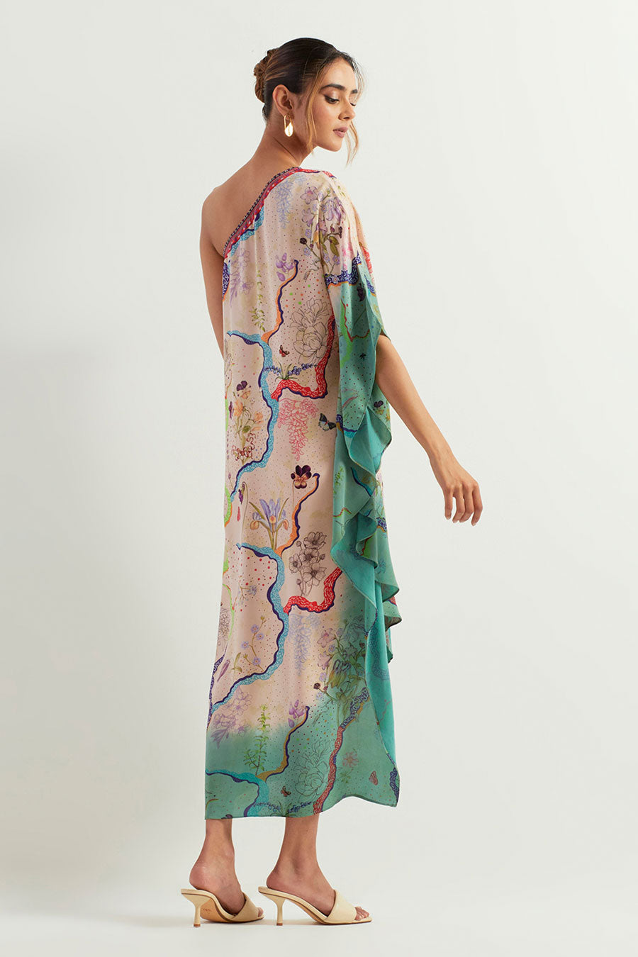 Green Printed One-Shoulder Tie Dye Kaftan Dress
