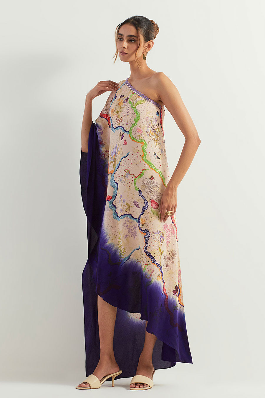 Blue Printed One-Shoulder Tie Dye Kaftan Dress