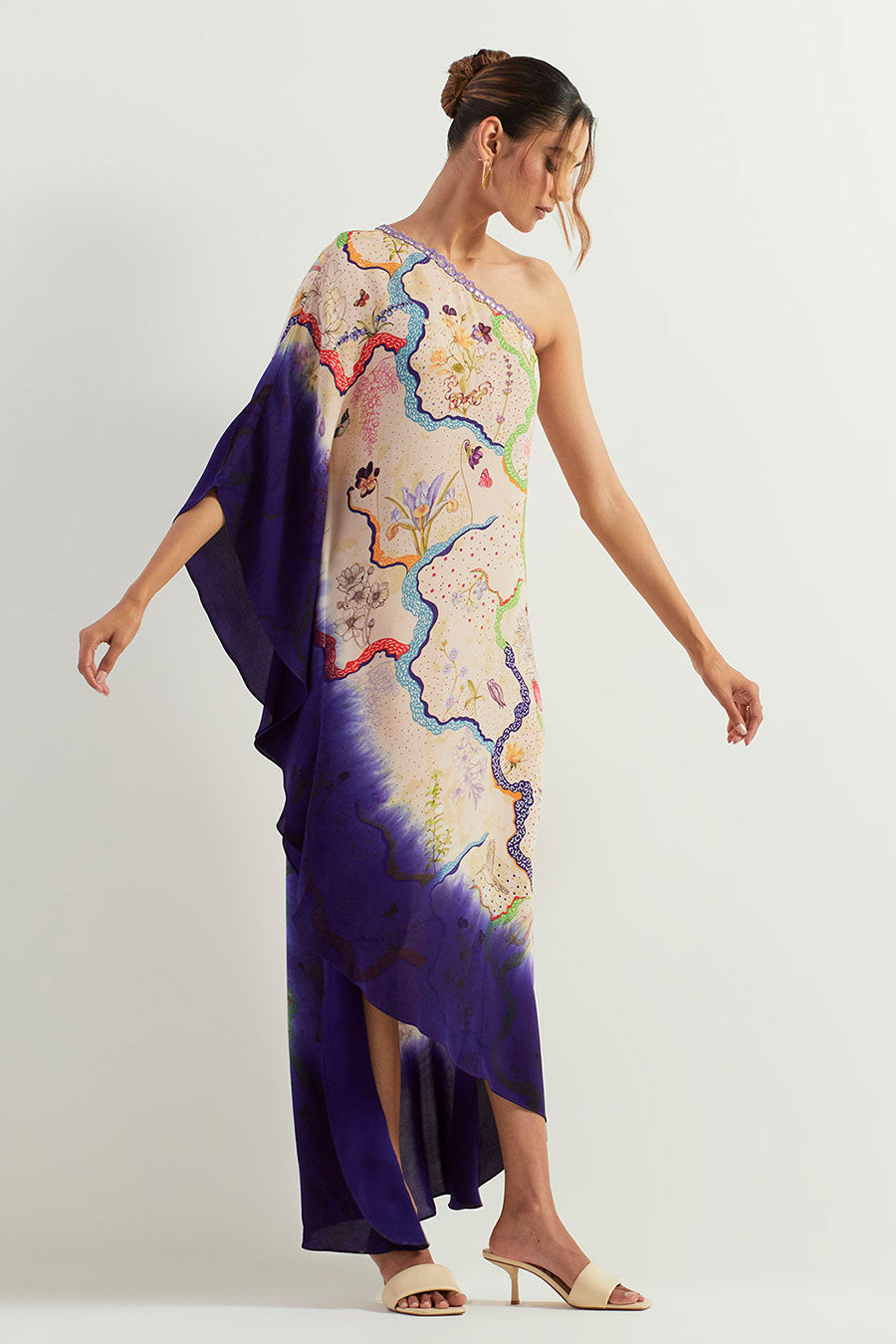 Blue Printed One-Shoulder Tie Dye Kaftan Dress