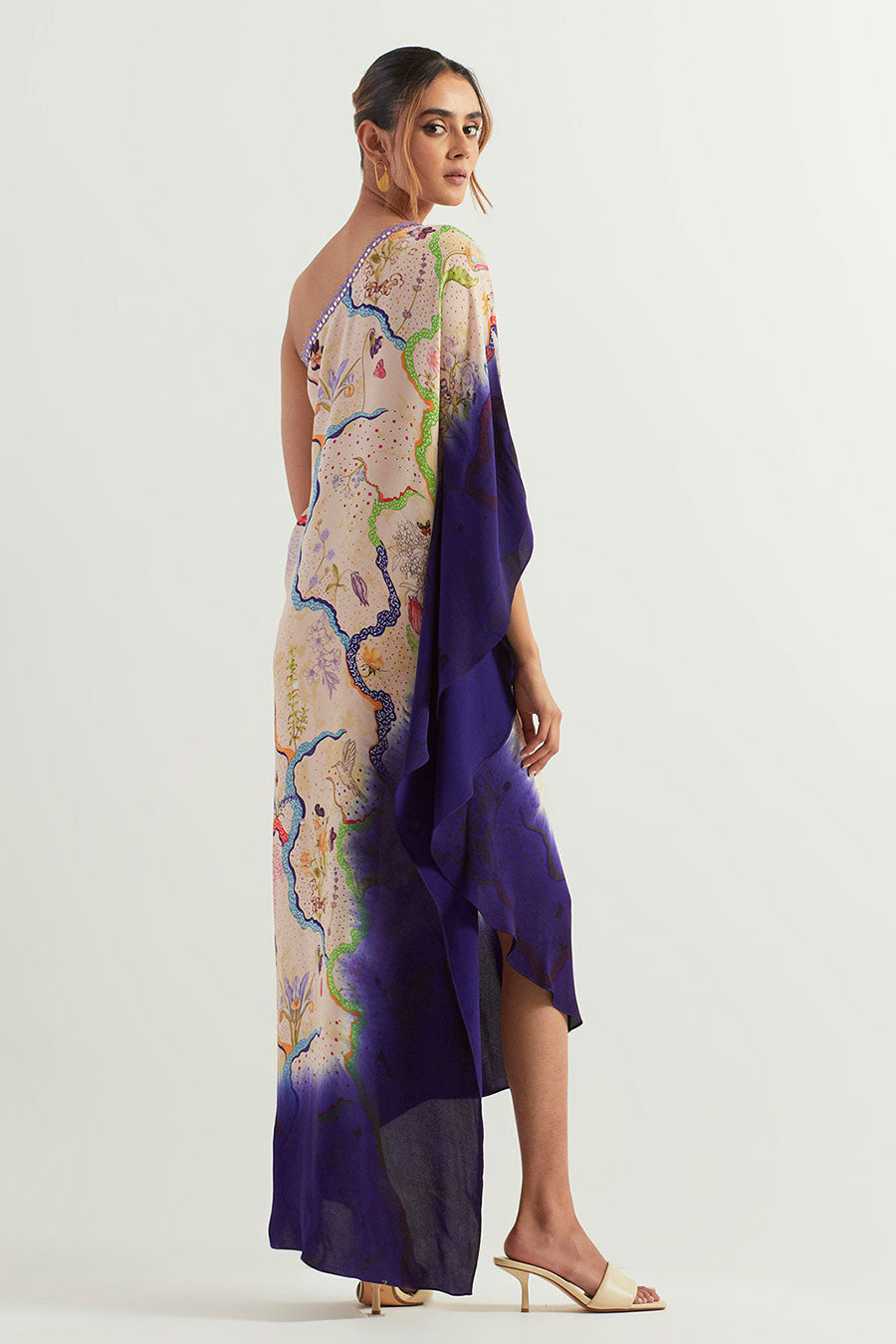 Blue Printed One-Shoulder Tie Dye Kaftan Dress