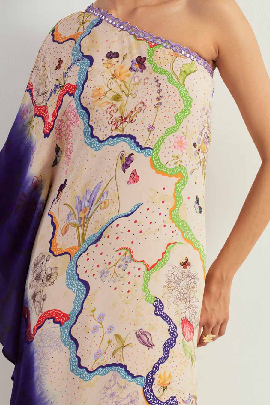 Blue Printed One-Shoulder Tie Dye Kaftan Dress