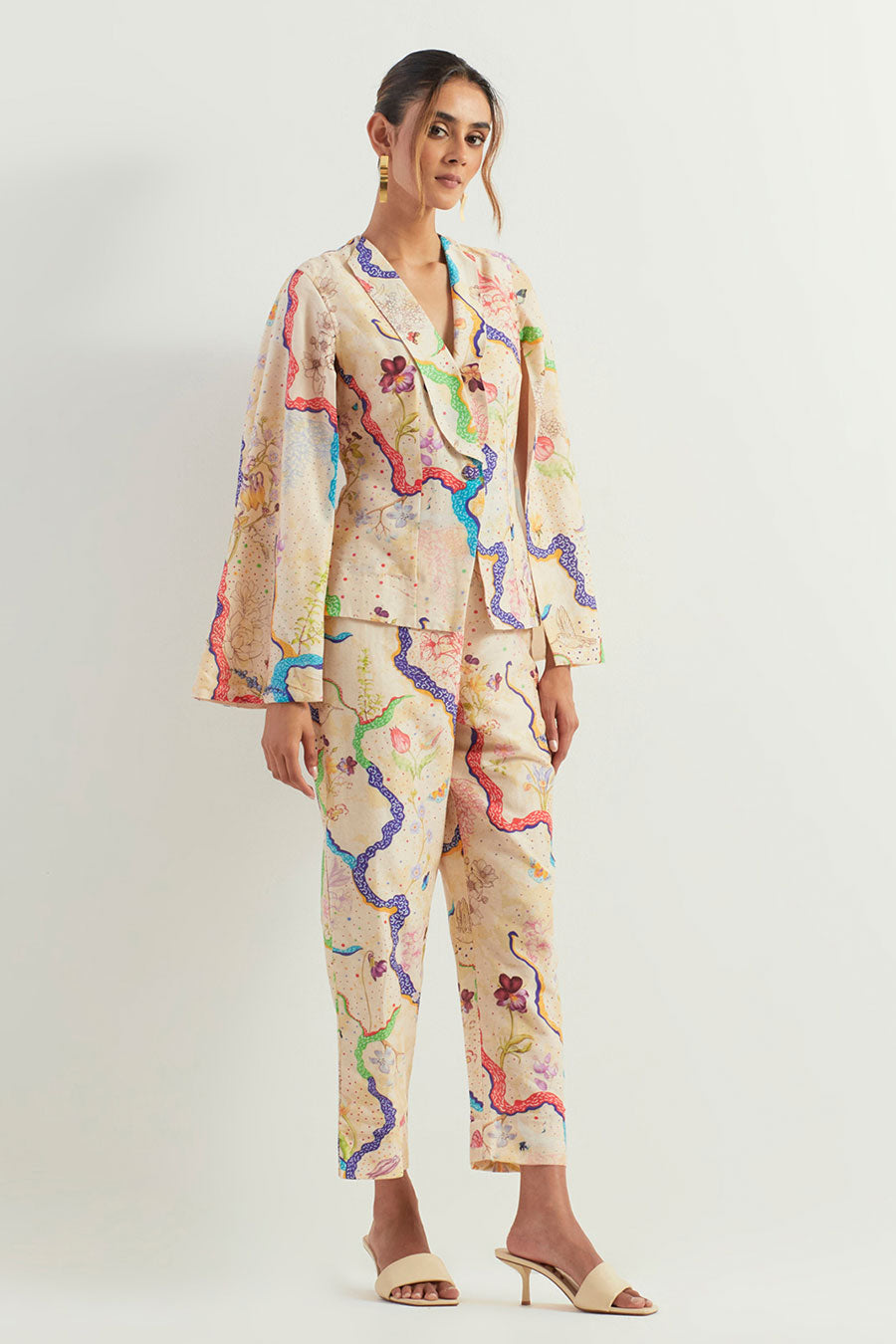Eclectic Printed Chanderi Silk Jacket & Pants Co-Ord Set