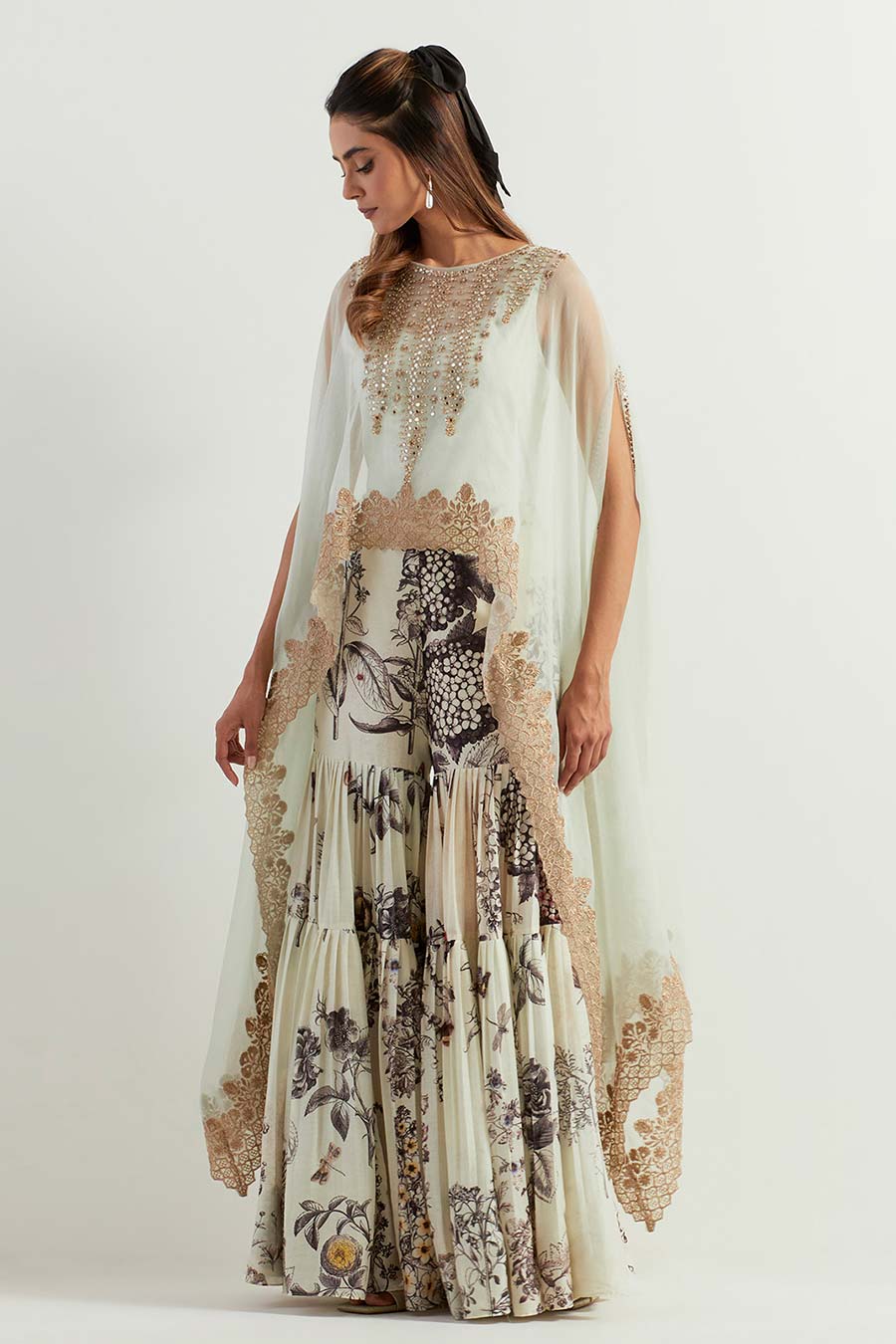 Ivory Embroidered Cape & Printed Sharara Set