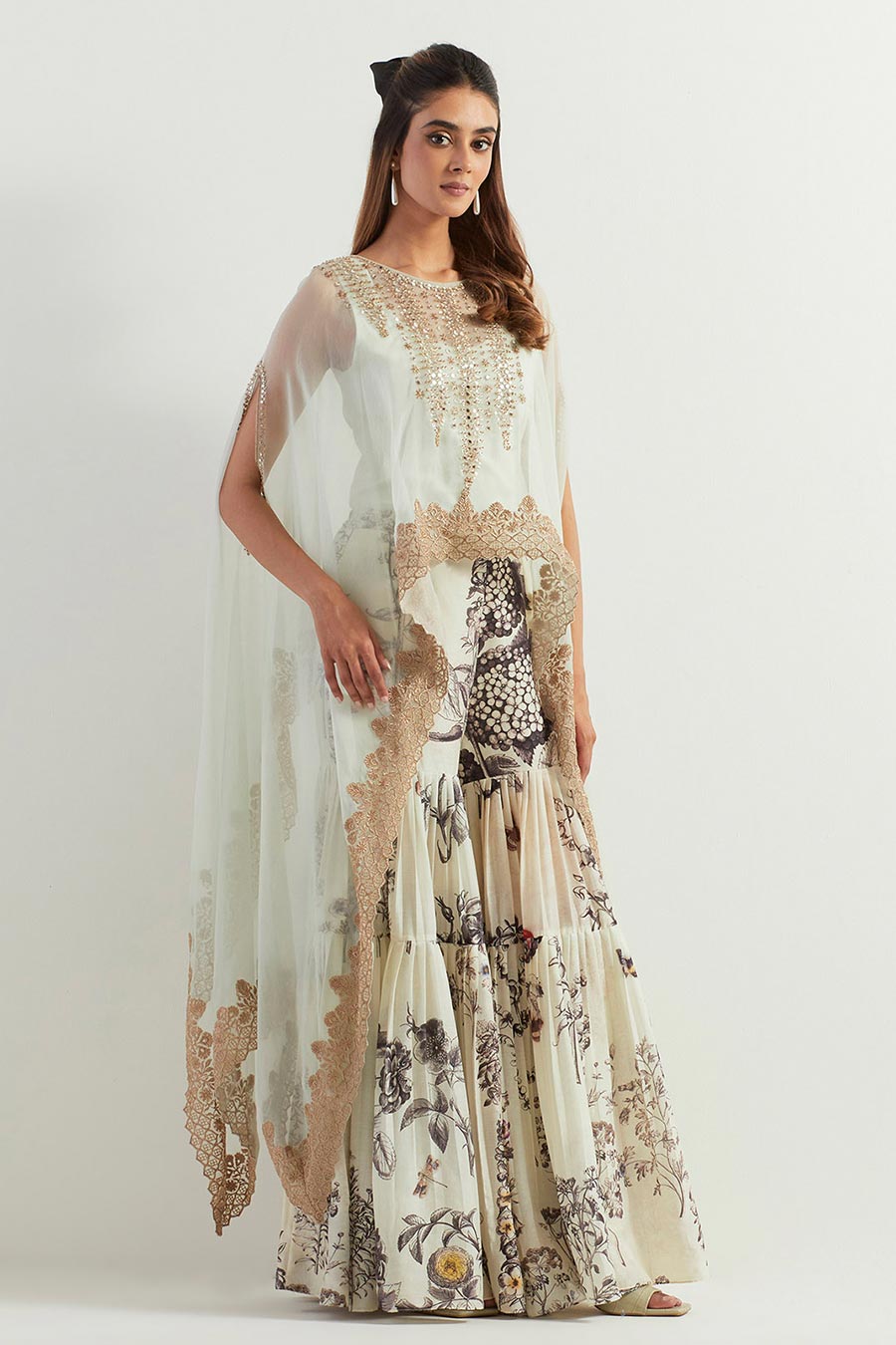 Ivory Embroidered Cape & Printed Sharara Set