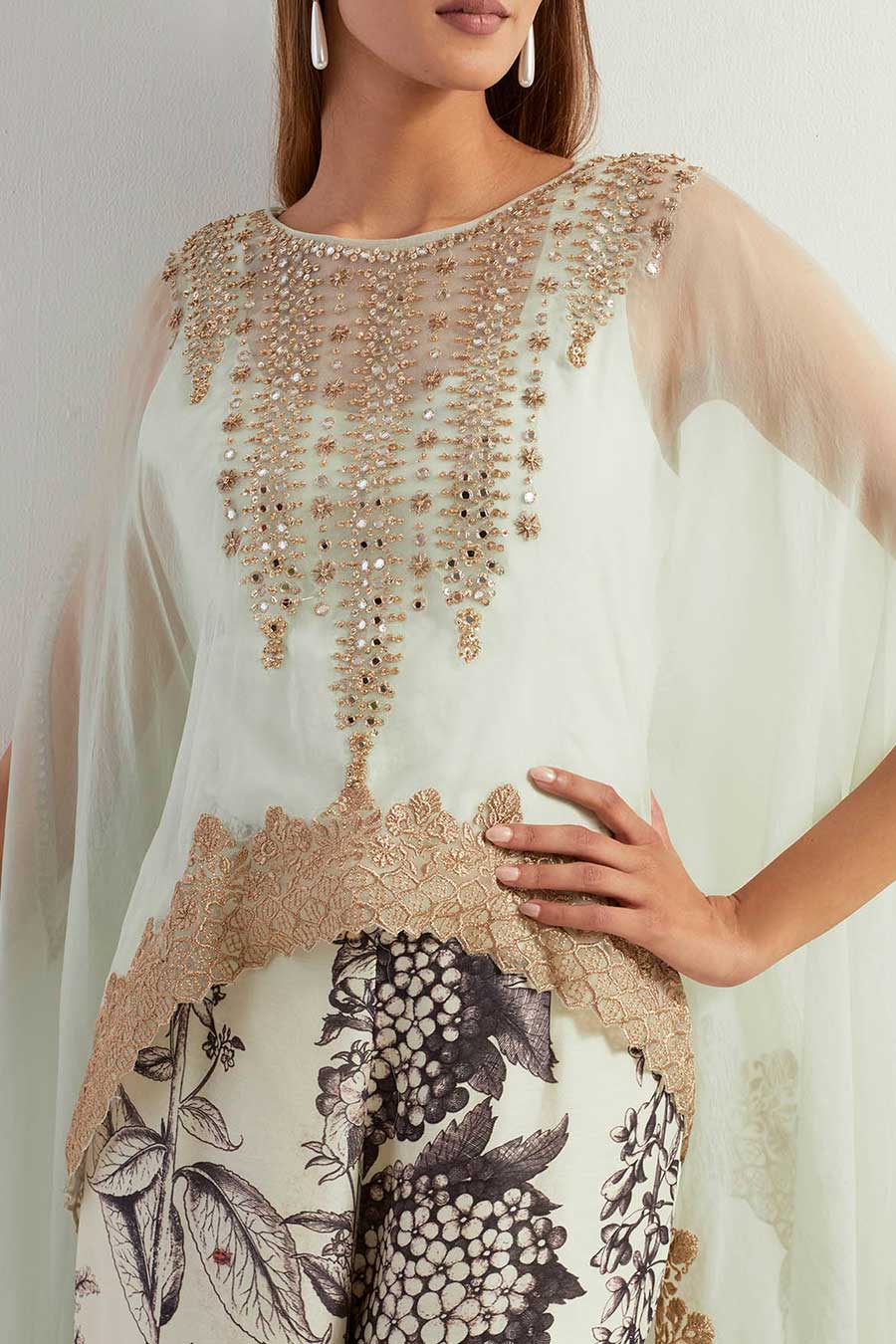 Ivory Embroidered Cape & Printed Sharara Set