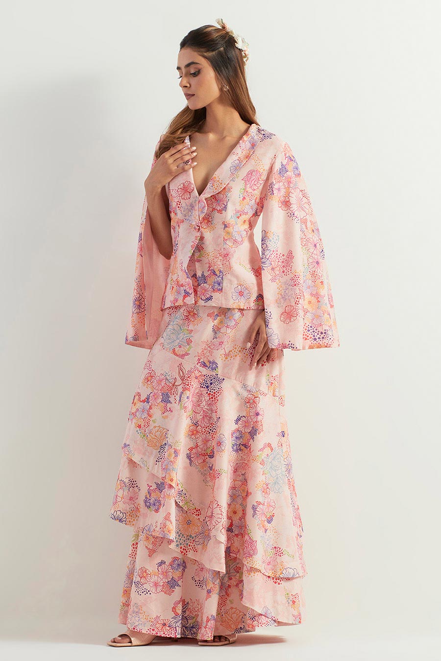 Printed Chanderi Silk Jacket & Skirt Co-Ord Set
