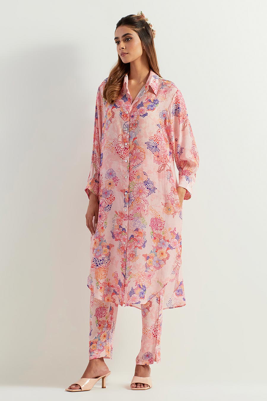 Printed Long Shirt & Georgette Pants Co-Ord Set