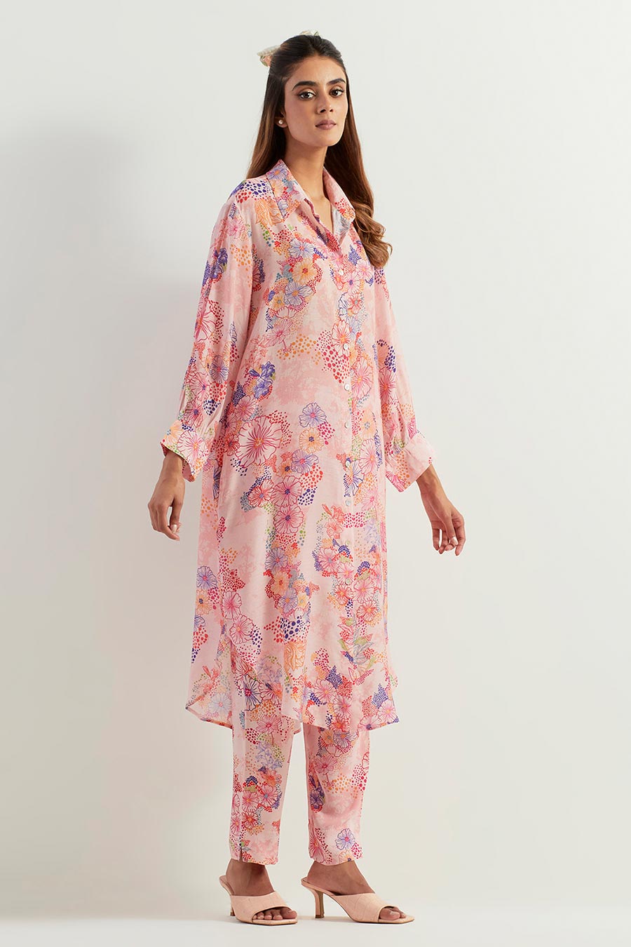 Printed Long Shirt & Georgette Pants Co-Ord Set