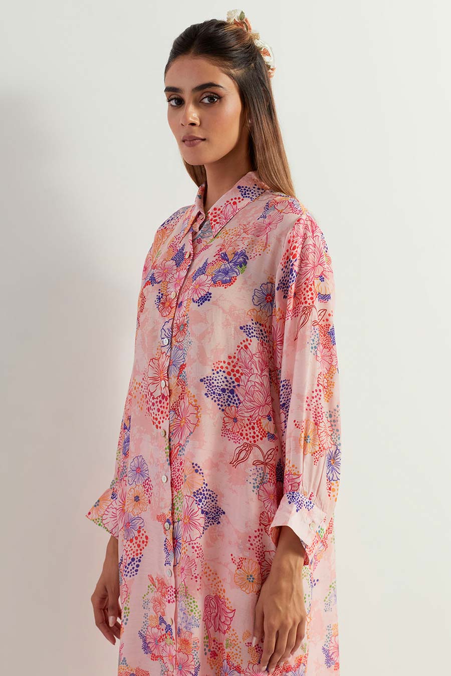 Printed Long Shirt & Georgette Pants Co-Ord Set