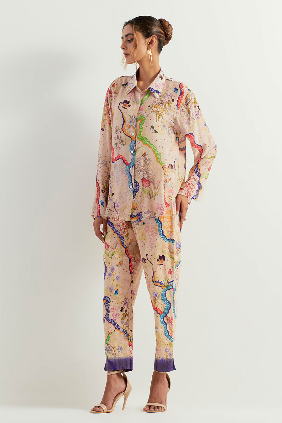 Eclectic Printed Silk Shirt & Stretch Pants Co-Ord Set