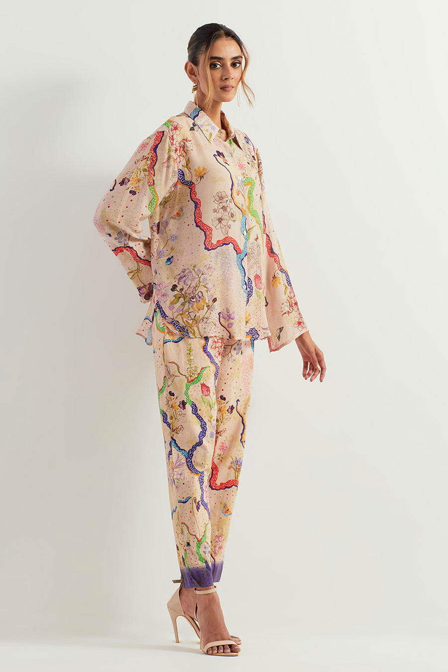 Eclectic Printed Silk Shirt & Stretch Pants Co-Ord Set