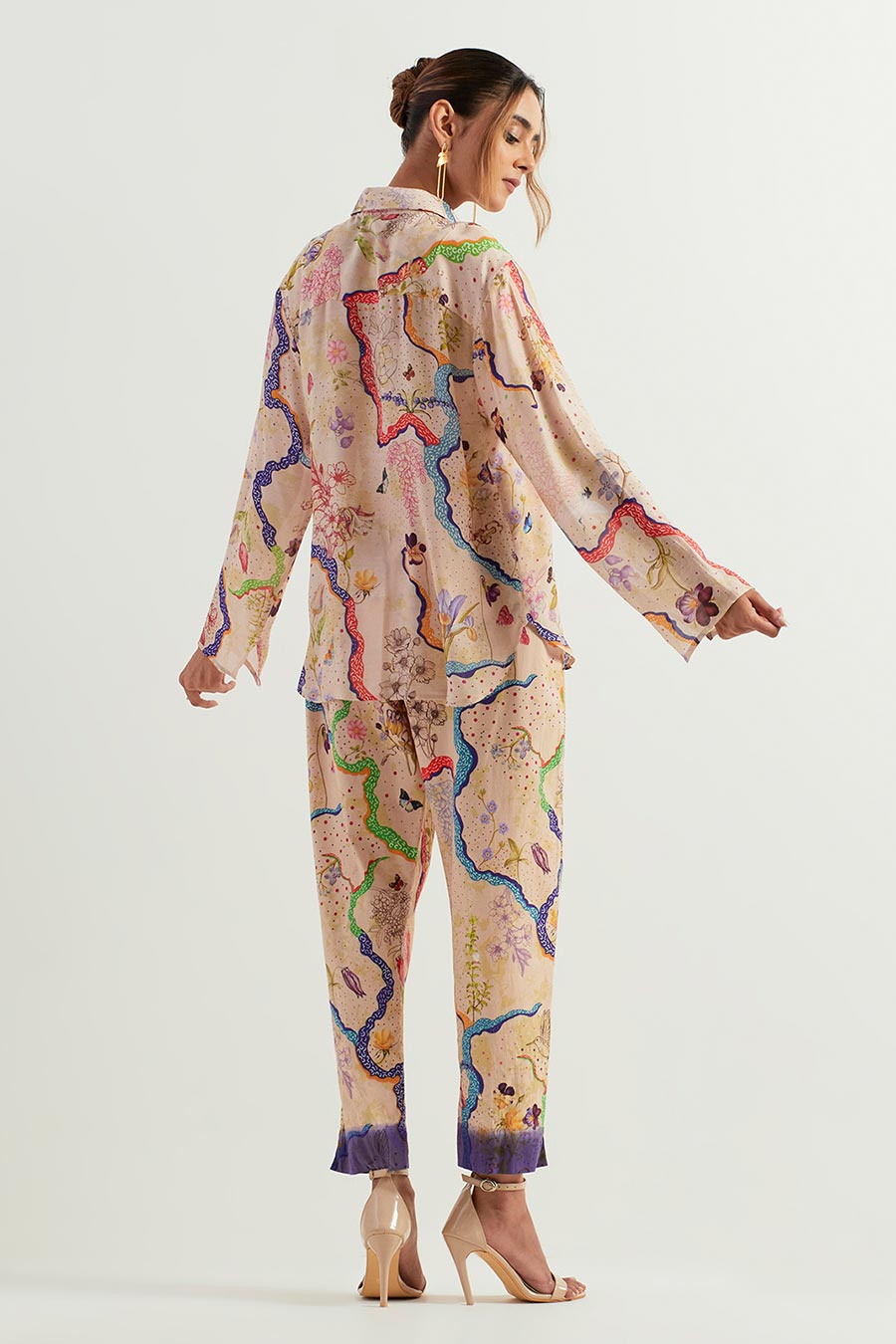 Eclectic Printed Silk Shirt & Stretch Pants Co-Ord Set