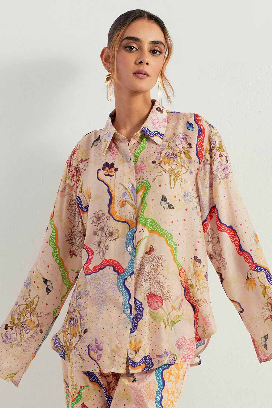 Eclectic Printed Silk Shirt & Stretch Pants Co-Ord Set