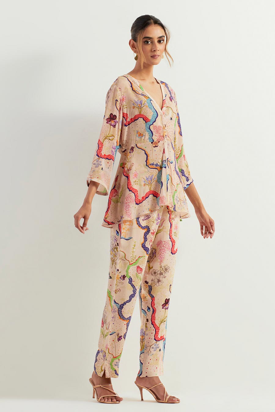 Eclectic Printed Peplum Top & Pants Co-Ord Set