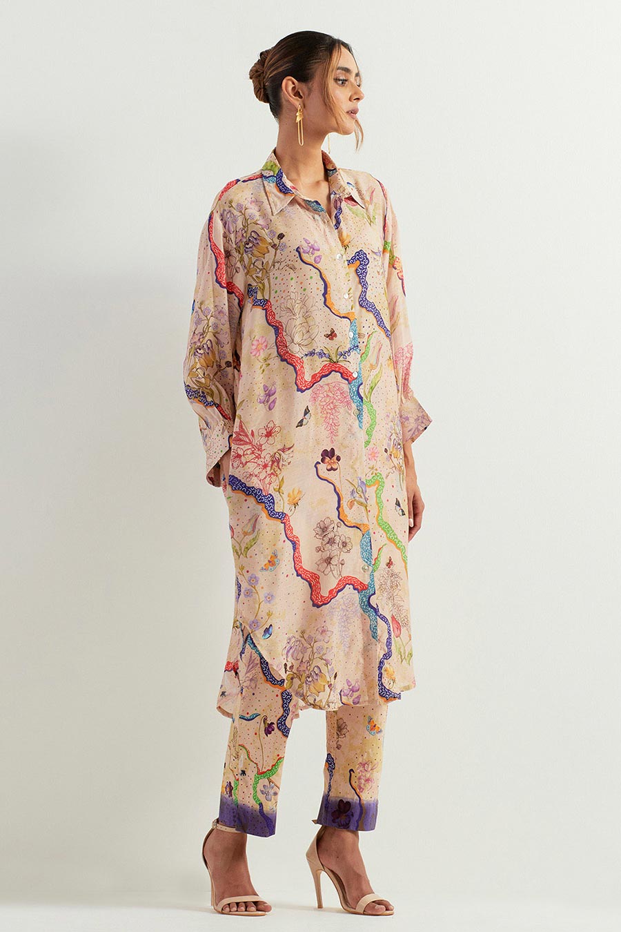 Eclectic Printed Long Shirt & Stretch Pants Co-Ord Set