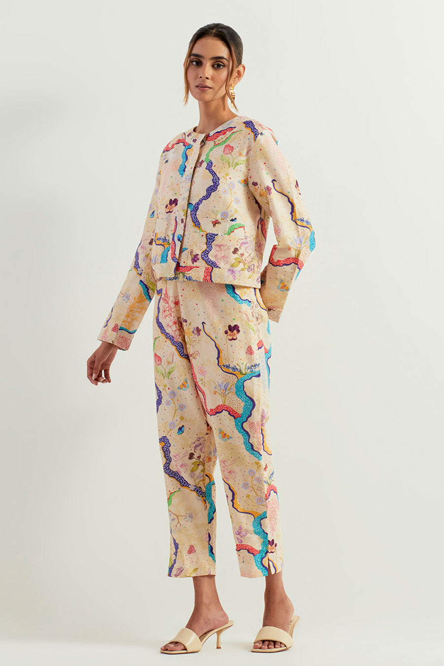 Eclectic Printed Chanderi Silk Jacket & Pants Co-Ord Set