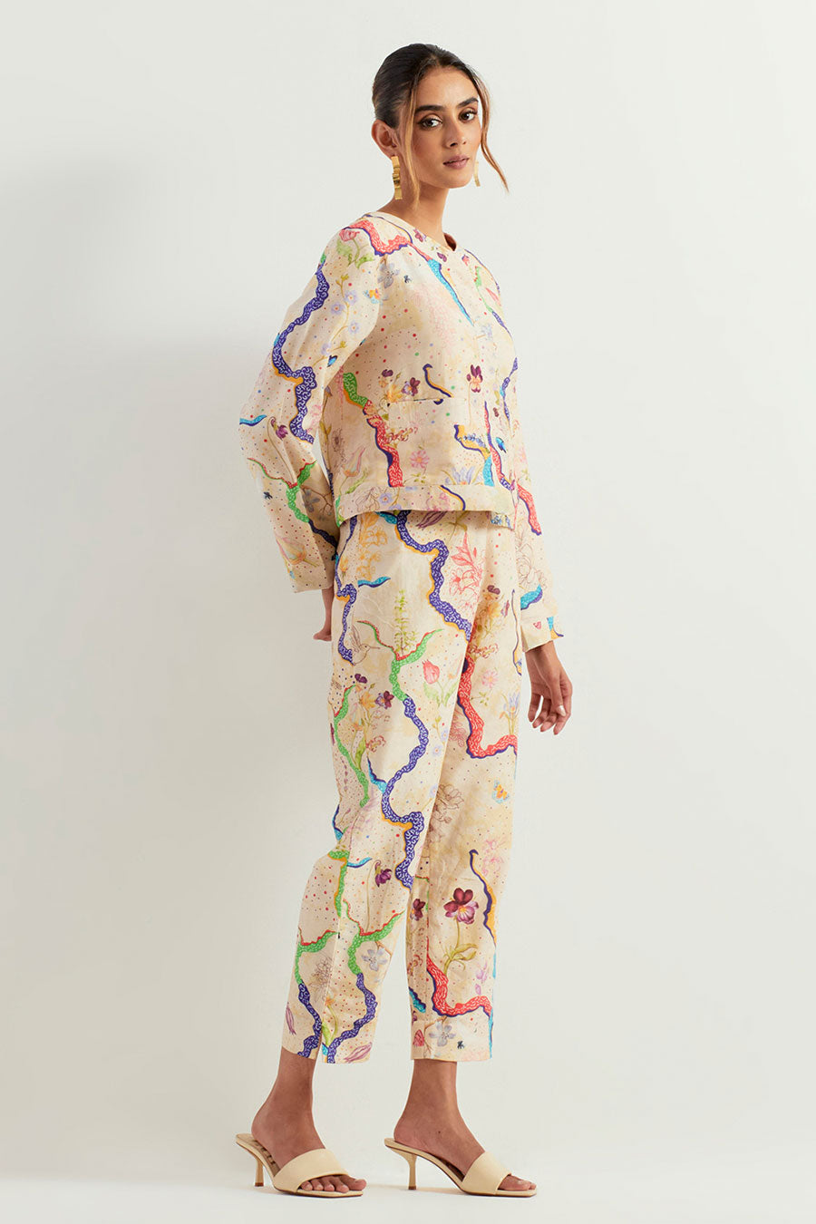 Eclectic Printed Chanderi Silk Jacket & Pants Co-Ord Set