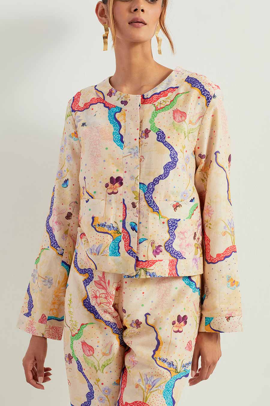 Eclectic Printed Chanderi Silk Jacket & Pants Co-Ord Set