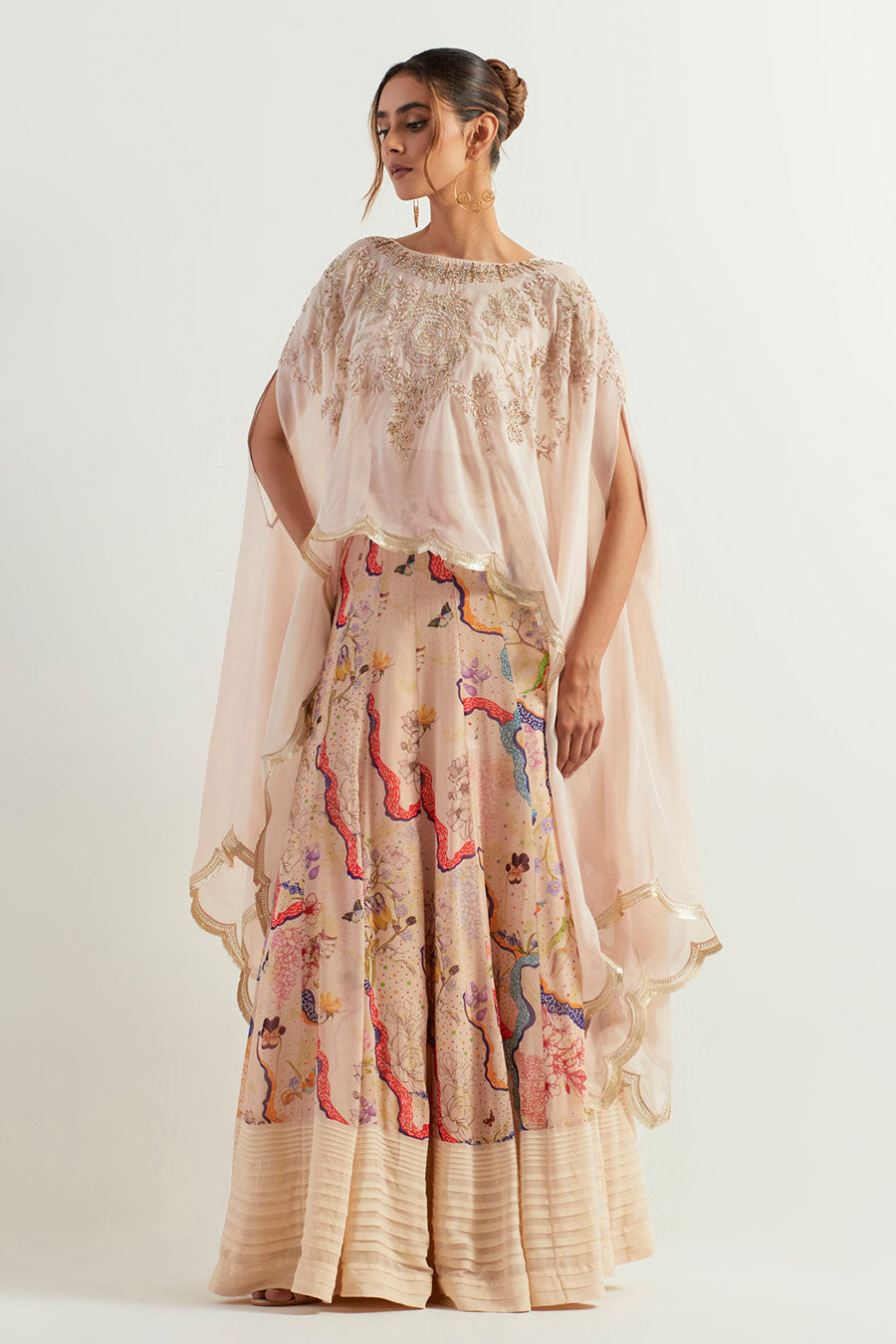 Organza Embroidered Cape & Printed Lehenga Skirt Set
