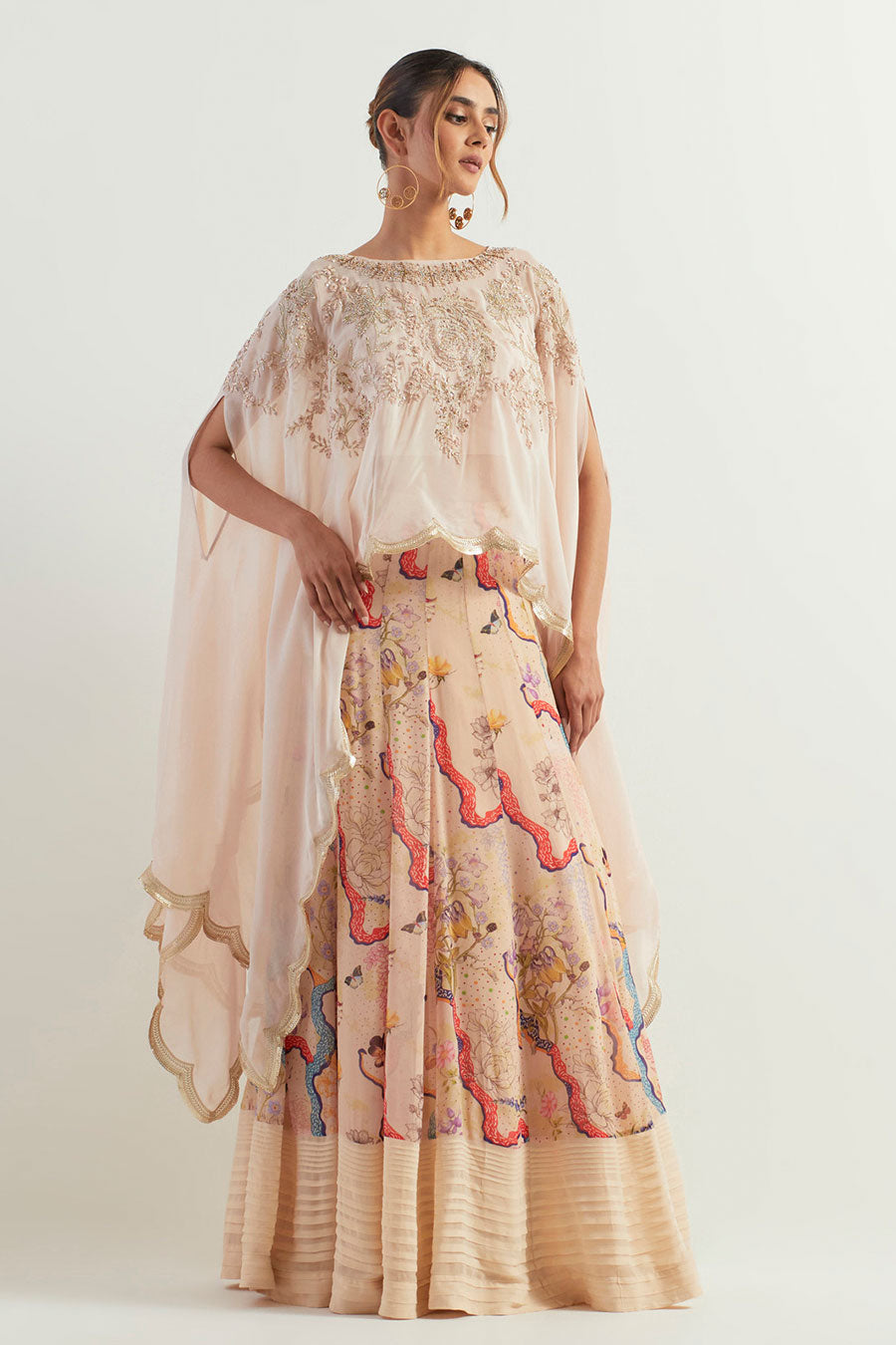 Organza Embroidered Cape & Printed Lehenga Skirt Set