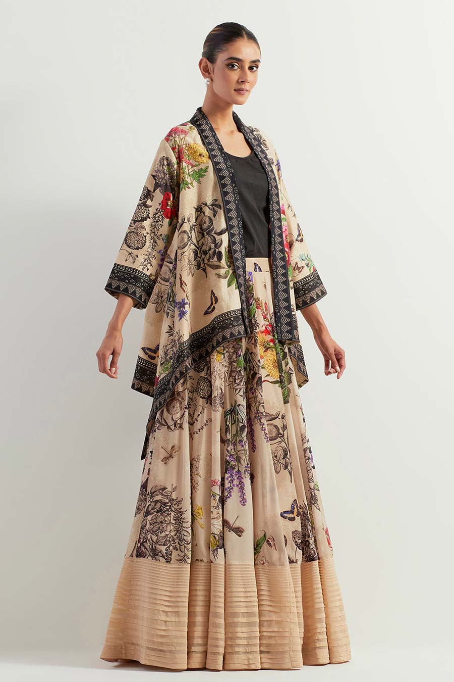 Printed Organza Skirt Co-Ord Set With Canderi Cape