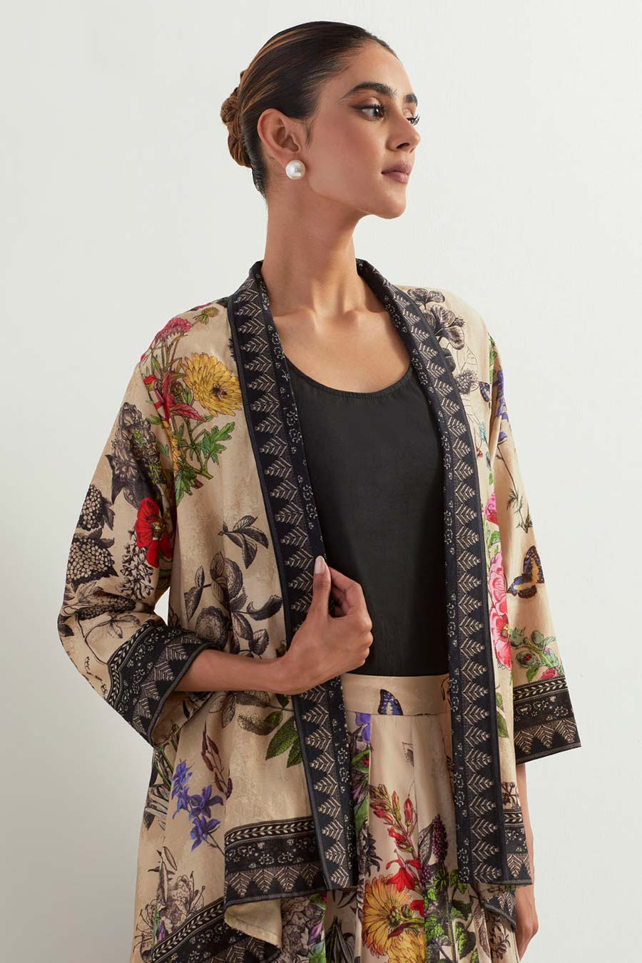 Printed Organza Skirt Co-Ord Set With Canderi Cape