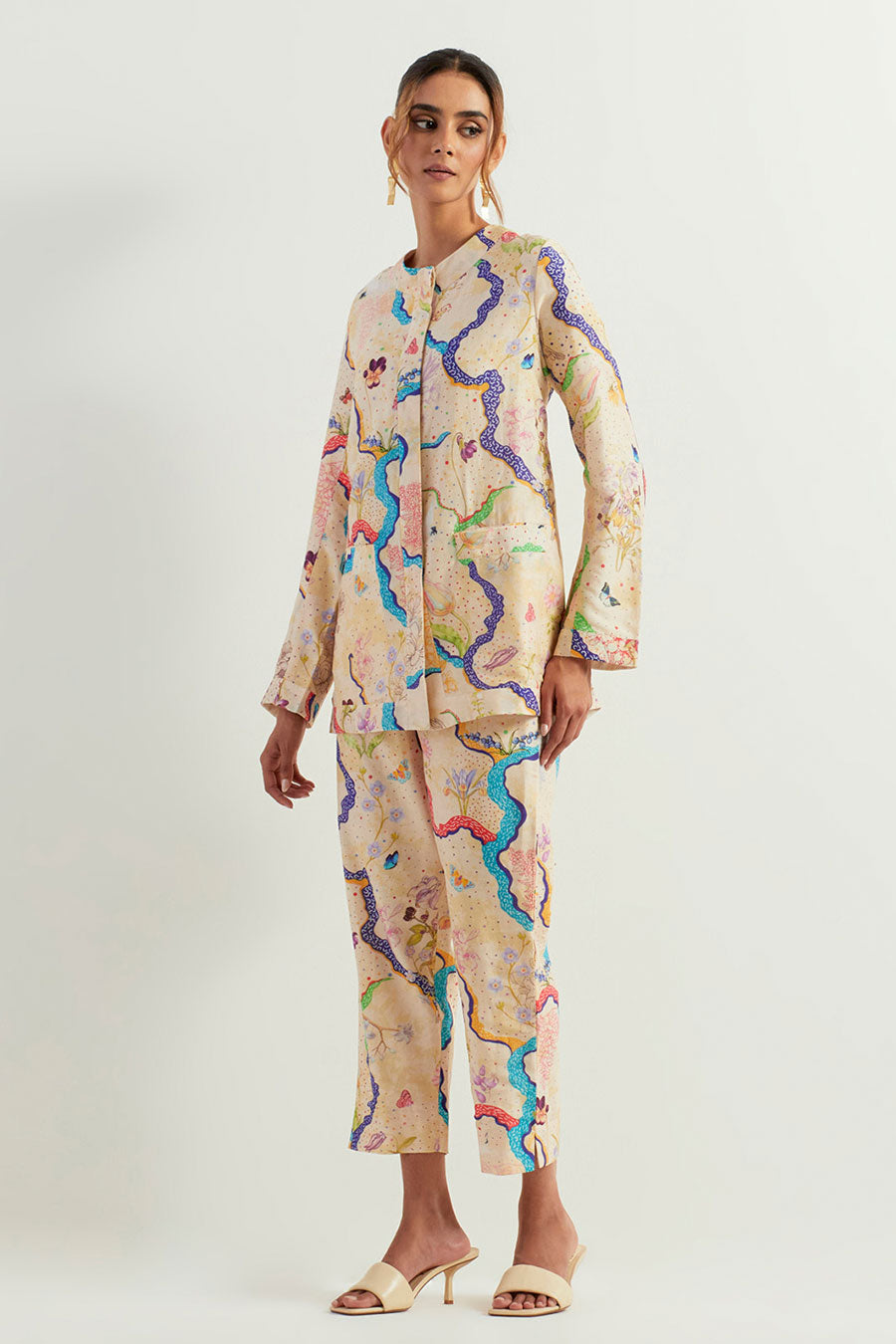 Eclectic Printed Chanderi Silk Jacket & Pants Co-Ord Set