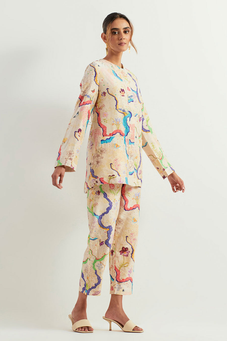 Eclectic Printed Chanderi Silk Jacket & Pants Co-Ord Set